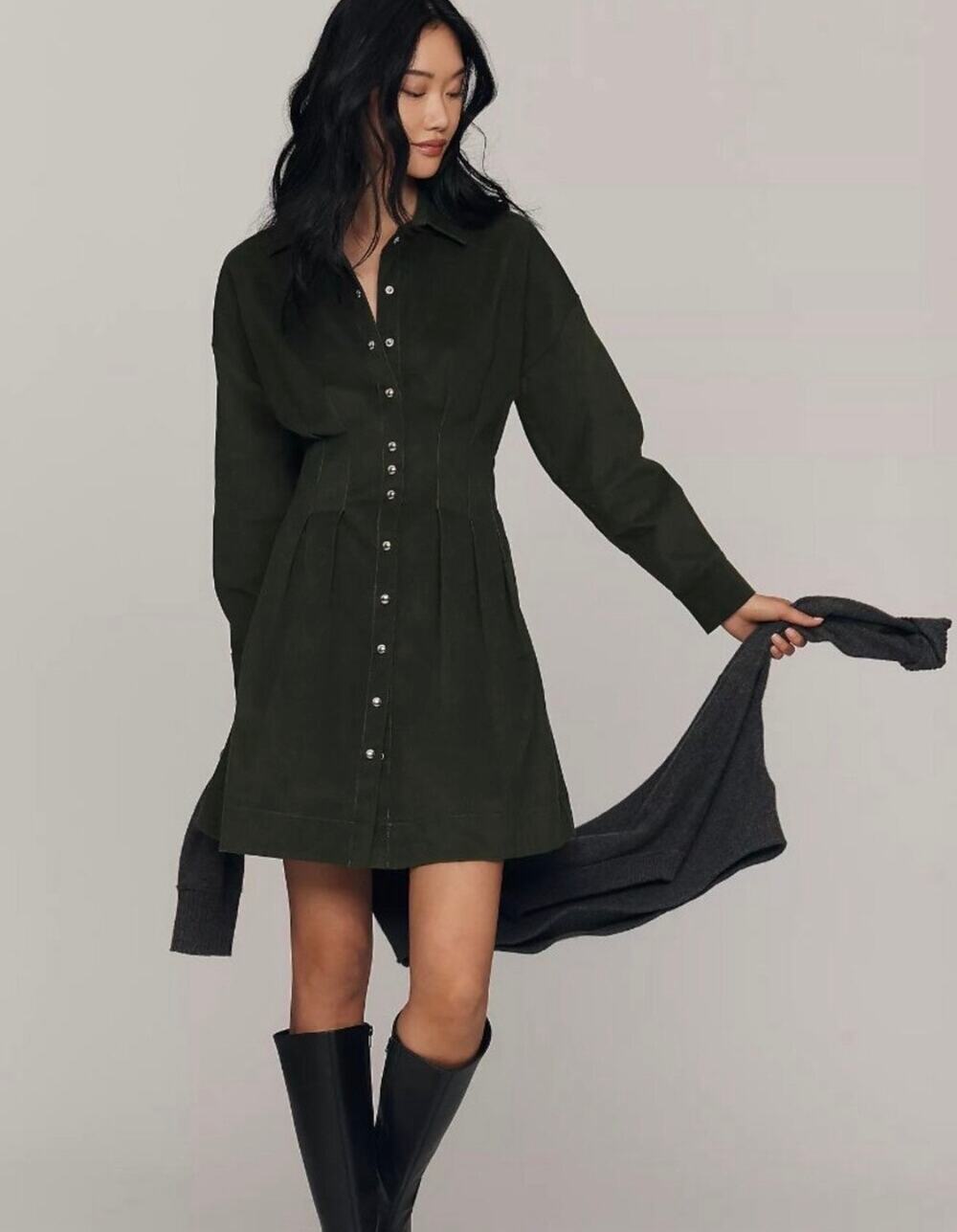 The Tobie Long-Sleeve Corduroy Mini Shirt Dress by Exquise